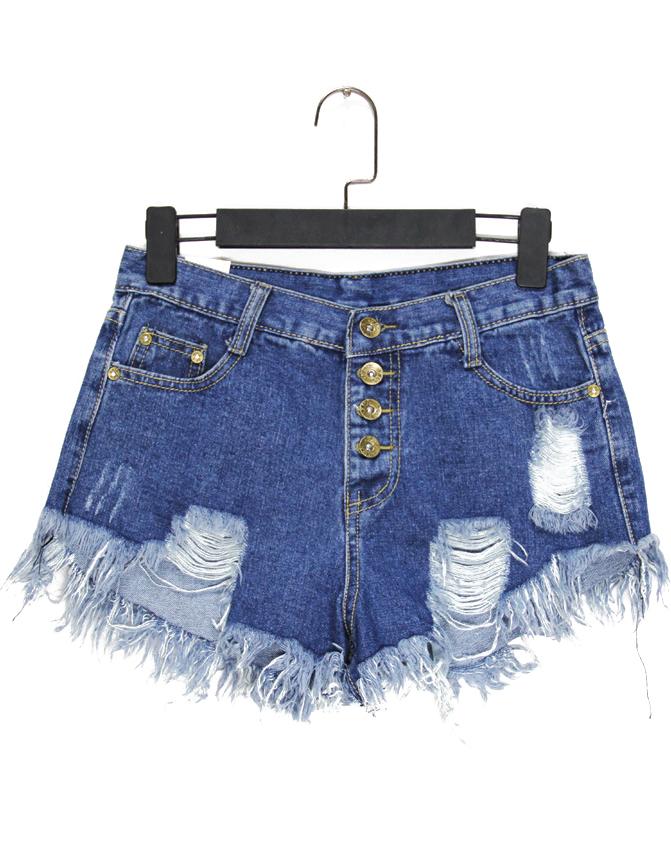 Romwe Ripped Tassel Denim Navy Shorts