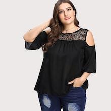 Romwe Plus Contrast Lace Open The Shoulder Top