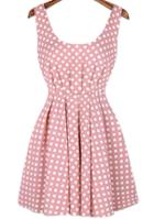 Romwe Scoop Neck Polka Dot Bow Pink Dress
