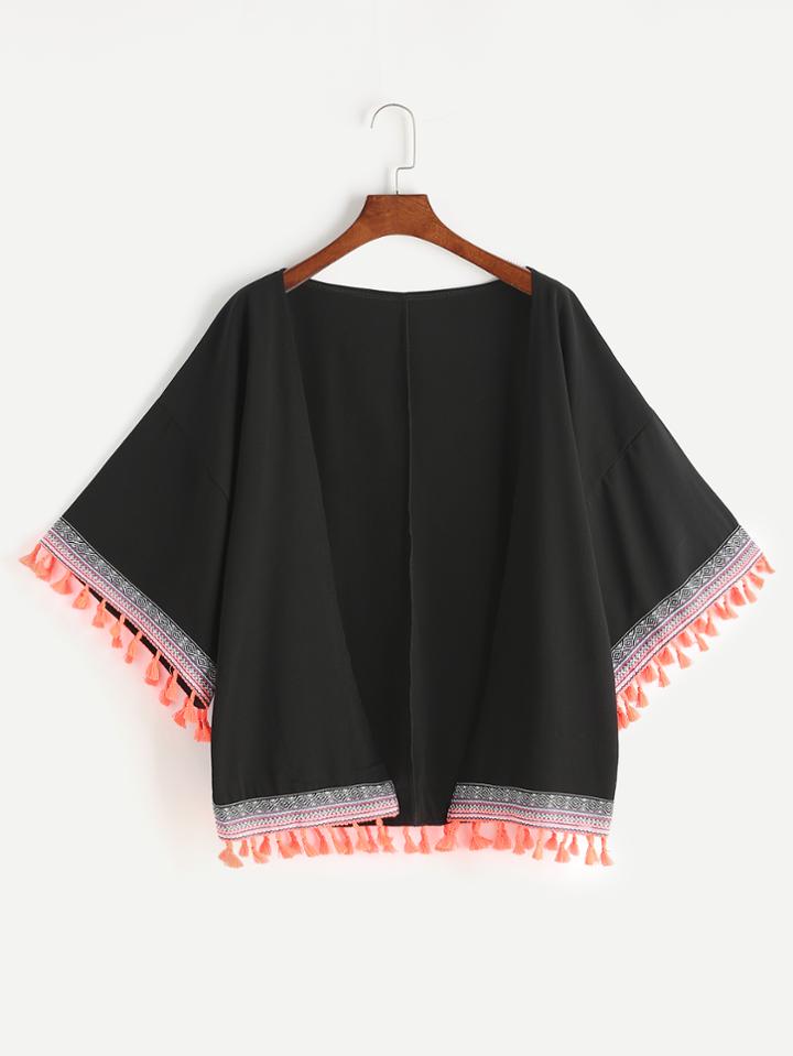 Romwe Neon Tassels Trim Chiffon Top
