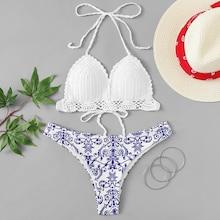Romwe Crochet Top With Porcelain Mix & Match Bikini Set