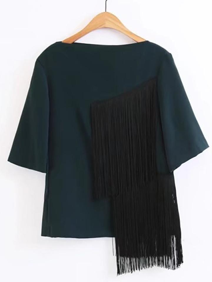 Romwe Elbow Sleeve Top With Tassel