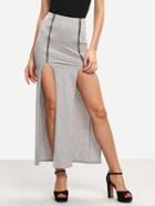 Romwe Grey Zip Split Long Skirt