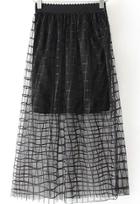Romwe Elastic Waist Lace Plaid Pleated Black Skirt