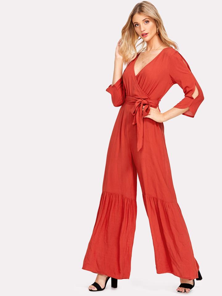 Romwe Ruffle Flared Hem Surplice Wrap Jumpsuit