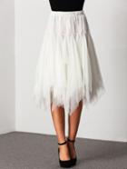 Romwe Elastic Waist Asymmetrical Pleated Mesh White Skirt