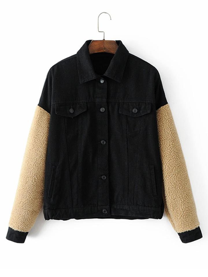 Romwe Contrast Lambwool Sleeve Jacket