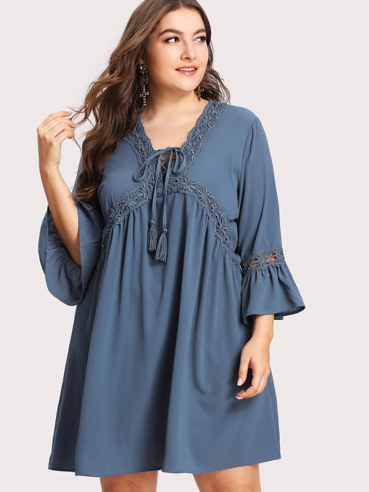 Romwe Tasselled Lase Up V Neck Dress