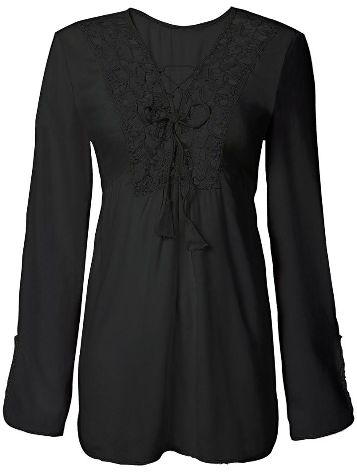 Romwe Bell Sleeve Crochet Hollow Black Blouse