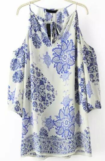 Romwe Blue Off The Shoulder Floral Loose Dress