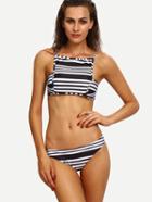 Romwe Striped High Neck Bikini Set
