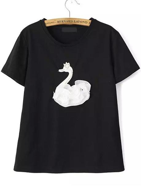 Romwe With Pearl Swan Patch Black T-shirt