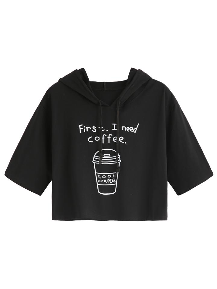 Romwe Black Coffee Cup Slogan Print Drawstring Hooded T-shirt