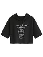Romwe Black Coffee Cup Slogan Print Drawstring Hooded T-shirt
