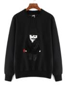 Romwe Cartoon Patch Letter Embroidered Black Sweatshirt