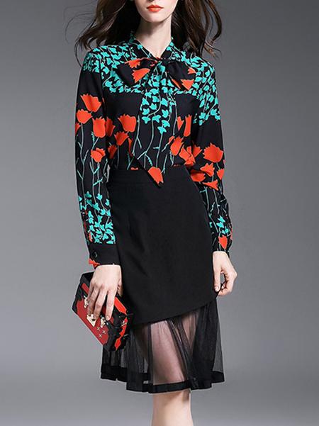 Romwe Black Tie Neck Flowers Print Top With Sheer Skirt