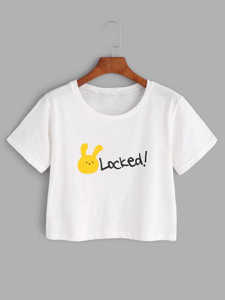 Romwe White Rabbit Print Crop T-shirt
