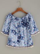 Romwe Floral Print Embroidered Tap Detail Pom Pom Shirred Top