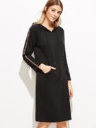 Romwe Black Raglan Sleeve Tape Side Hooded Pocket Sweatshirt Dress
