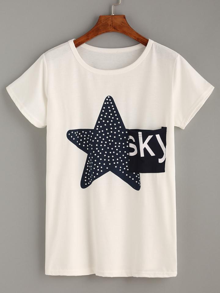 Romwe White Star Print Pocket T-shirt