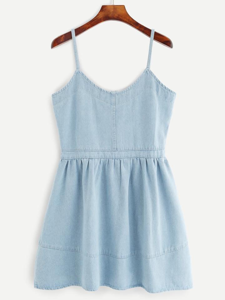 Romwe Blue Spaghetti Strap A Line Denim Dress