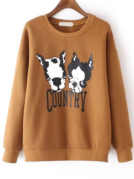 Romwe Cartoon Dog Print Khaki Sweatshirt