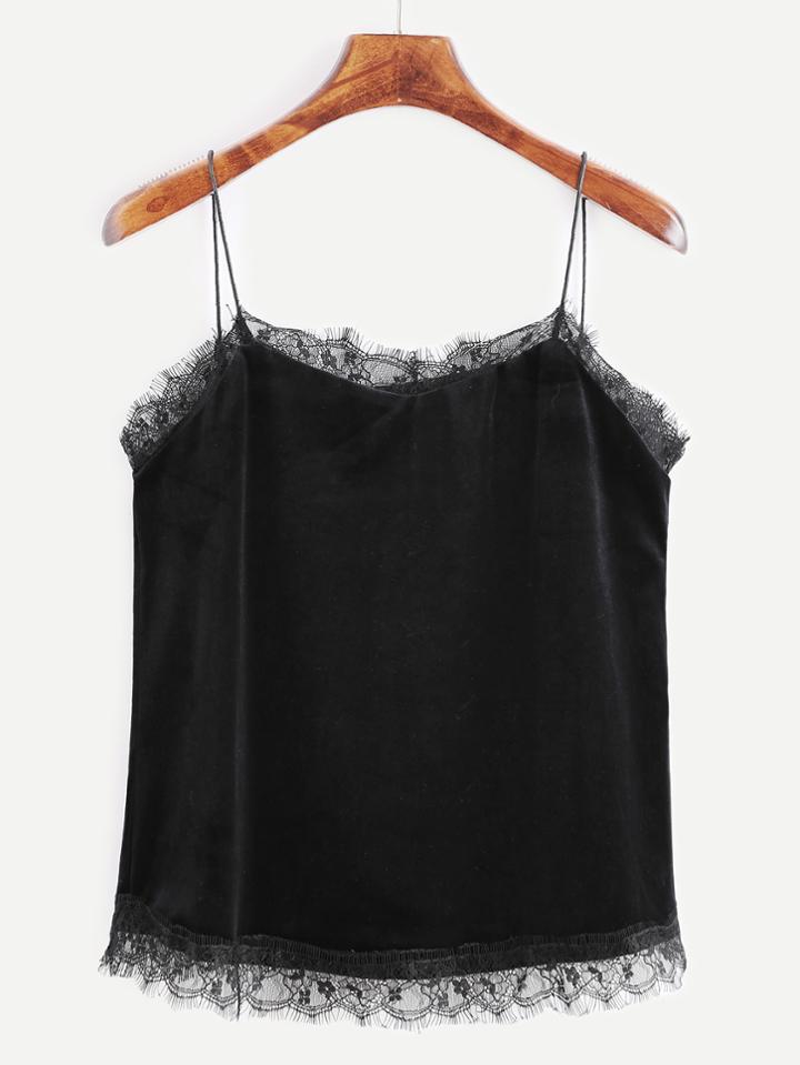 Romwe Black Velvet Eyelash Lace Trim Cami Top
