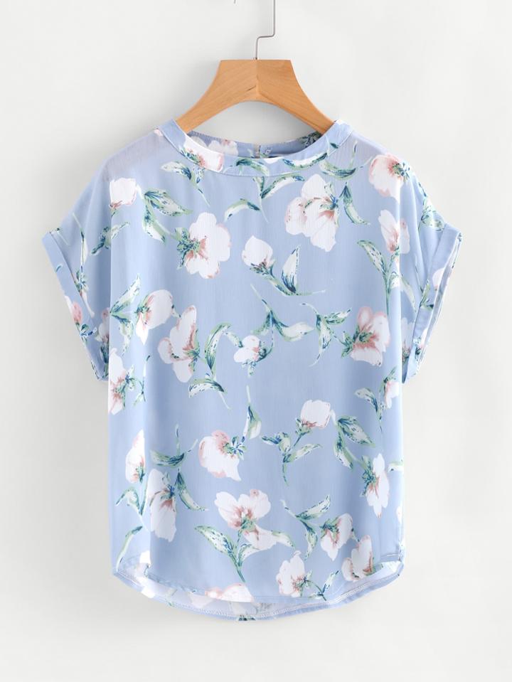 Romwe Random Florals Dolman Sleeve Cuffed Blouse