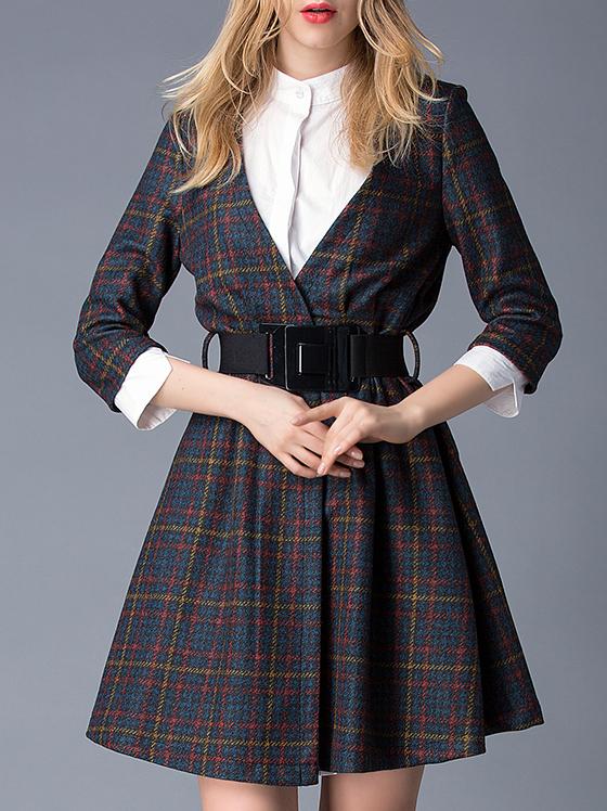 Romwe Multicolor Round Neck Length Sleeve Drawstring Pockets Dress