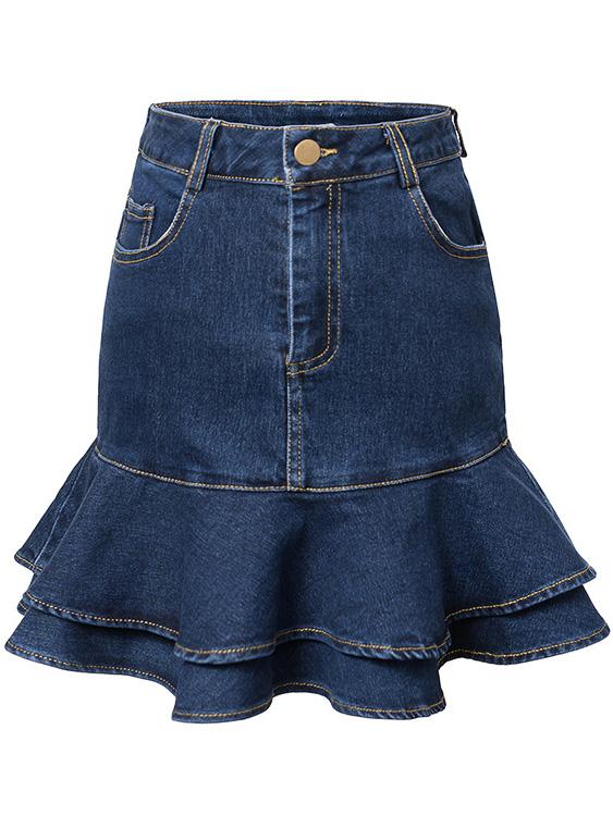 Romwe Blue High Waist Denim Double Layers Fishtail Skirt