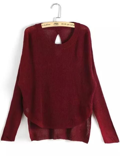 Romwe Dip Hem Knit Wine Red Sweater