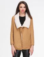 Romwe Khaki Faux Fur Lapel Long Sleeve Loose Coat