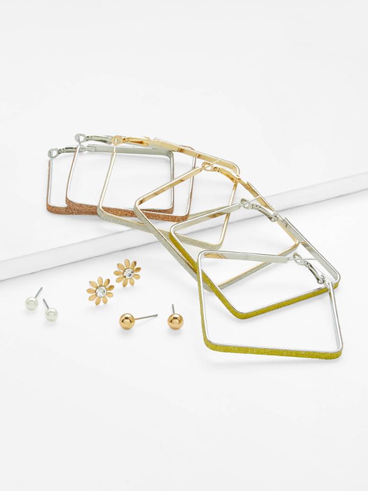 Romwe Square & Flower Design Earring Set