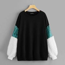Romwe Plus Colorblock Faux Fur Cuff Sequin Detail Pullover