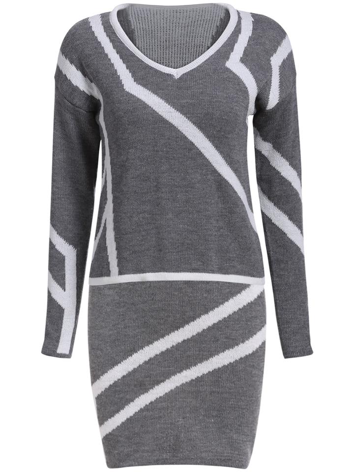 Romwe V Neck Striped Sweater With Bodycon Grey Skirt