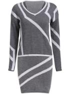 Romwe V Neck Striped Sweater With Bodycon Grey Skirt