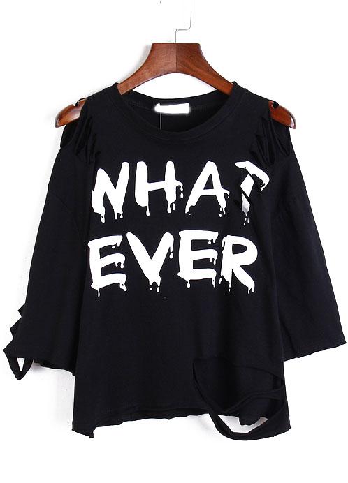 Romwe Ripped Letter Print T-shirt