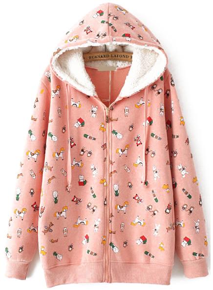 Romwe Hooded Cartoon Print Loose Pink Sweatshirt