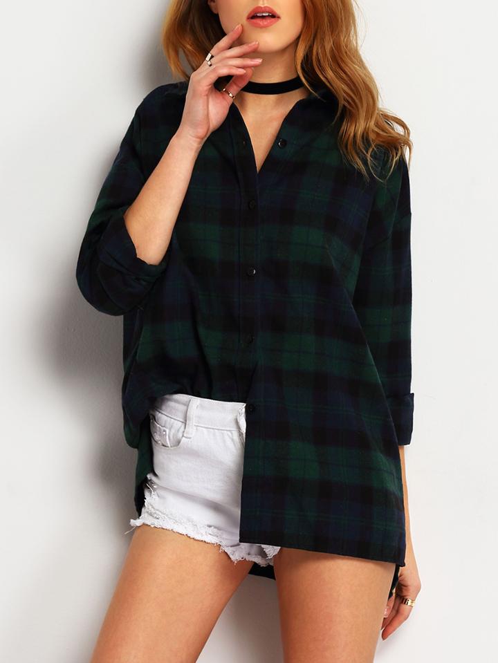 Romwe Dip Hem Plaid Split Blouse