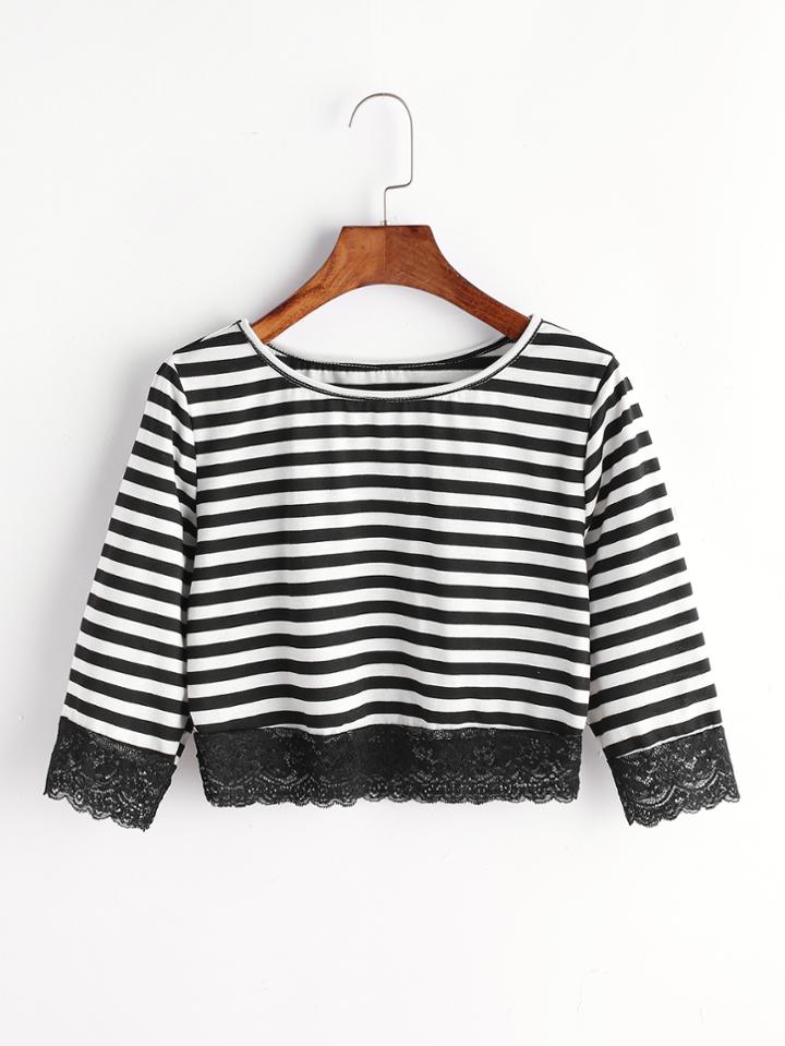 Romwe Black And White Stripe Contrast Lace T-shirt