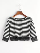 Romwe Black And White Stripe Contrast Lace T-shirt