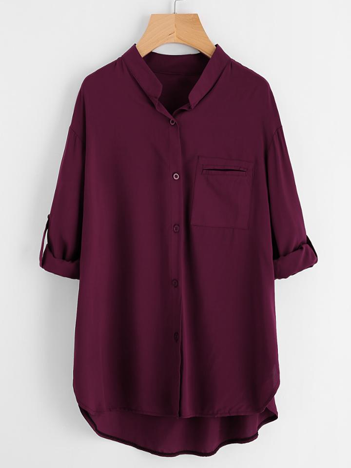 Romwe Roll Tab Sleeve High Low Shirt