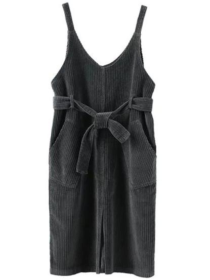 Romwe Split Corduroy Suspender Black Dress With Pockets