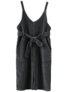 Romwe Split Corduroy Suspender Black Dress With Pockets