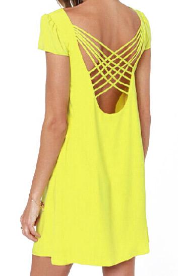 Romwe Open Back Chiffon Shift Yellow Dress