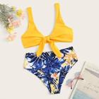 Romwe Knot Front Top With Random Tropical Print Bikini Set