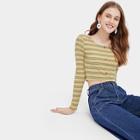 Romwe Button Through Striped Crop Tee