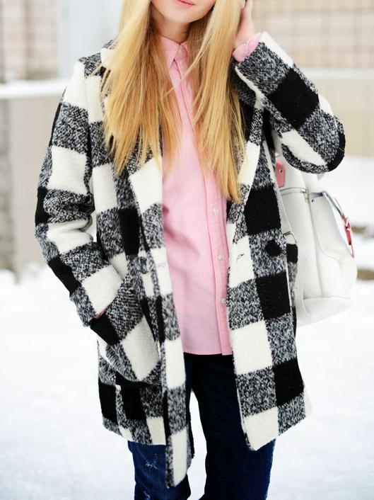 Romwe Black White Long Sleeve Lapel Plaid Coat