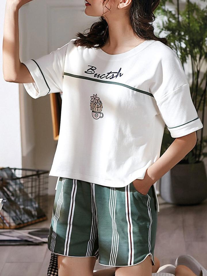 Romwe Cartoon Print Top & Striped Shorts Pj Set