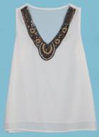 Romwe Sequined Embellishment Neckline White Vest